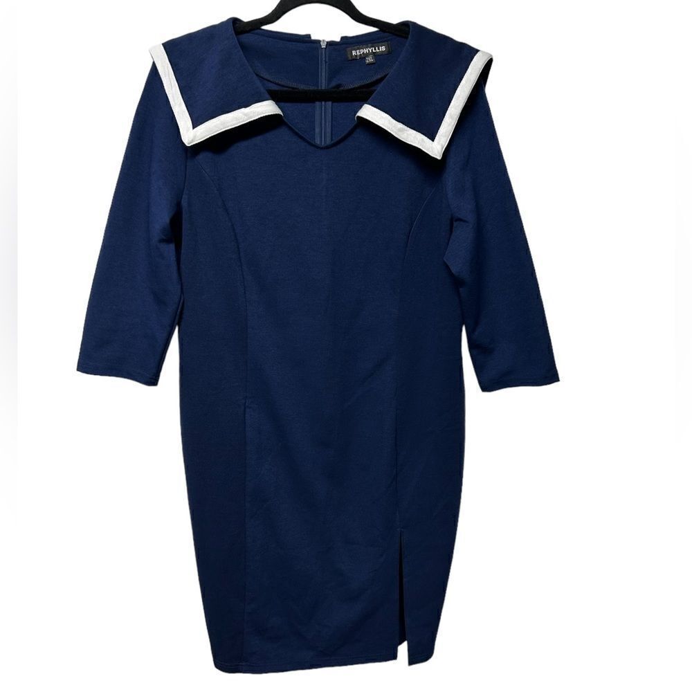 Rephyllis Navy Blue Mini Sheath Dress 1/2 Half Sleeve White Collar Bodycon